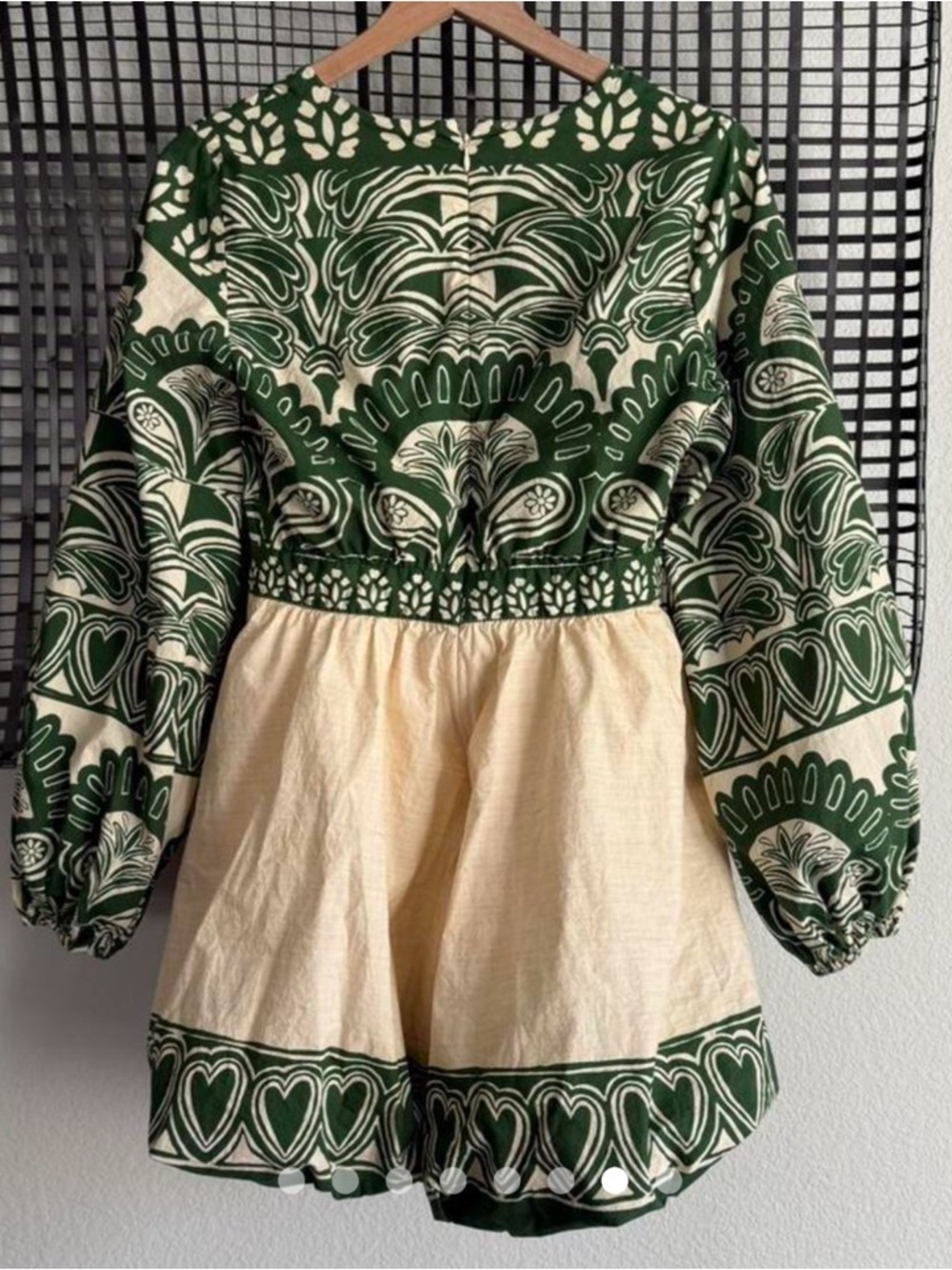 Anthropologie Green & Cream Printed Long-Sleeve Romper Dress - Picture 2 of 5